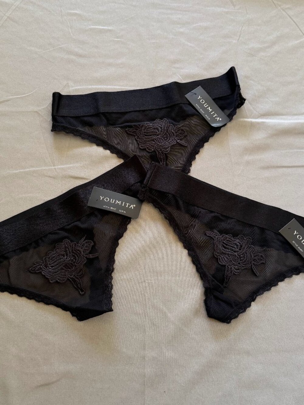 3 Pairs Youmita Woman’s Sheer Embroidered Floral Thong Size Medium Black New